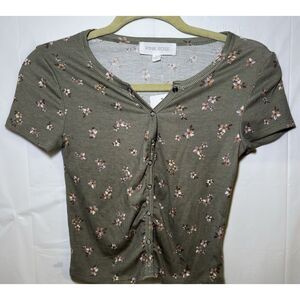 Pink Rose Floral Crop Top, Olive, Green Pink Flowers, Size Small New‎